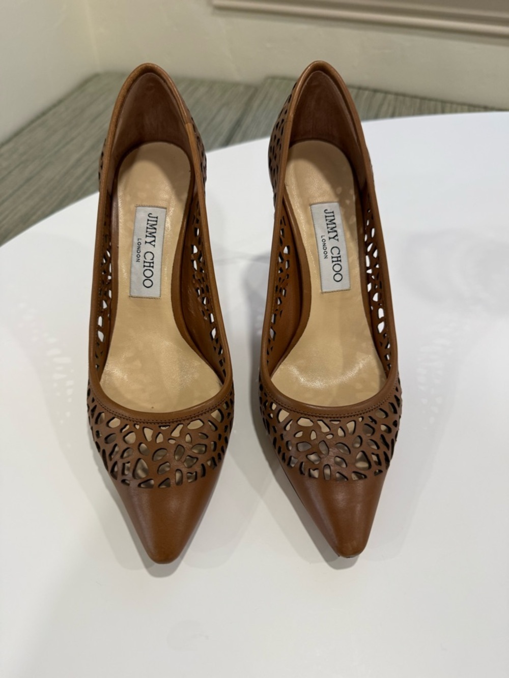 Jimmy Choo Women's Brown Laser-Cut Pointed-Toe Pumps Sz 39